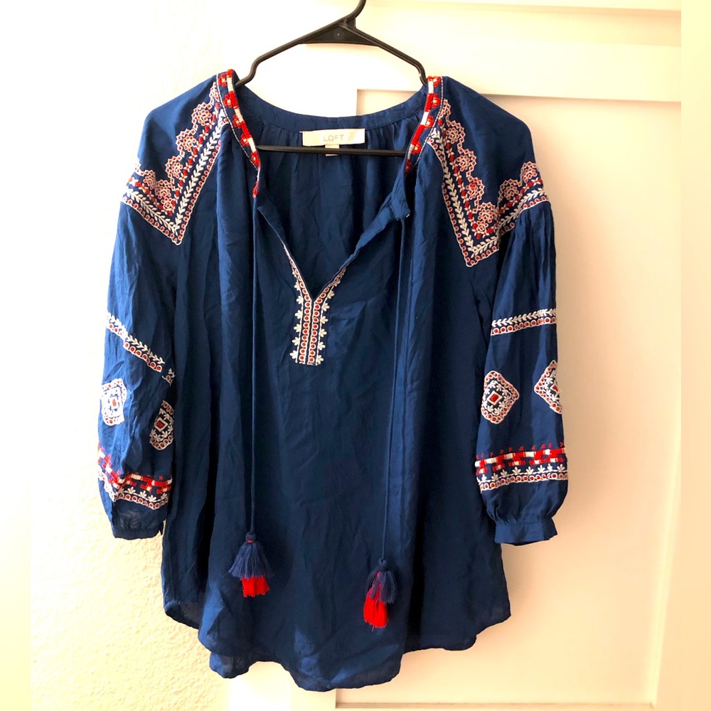 Loft blue boho embroidered peasant top, size S